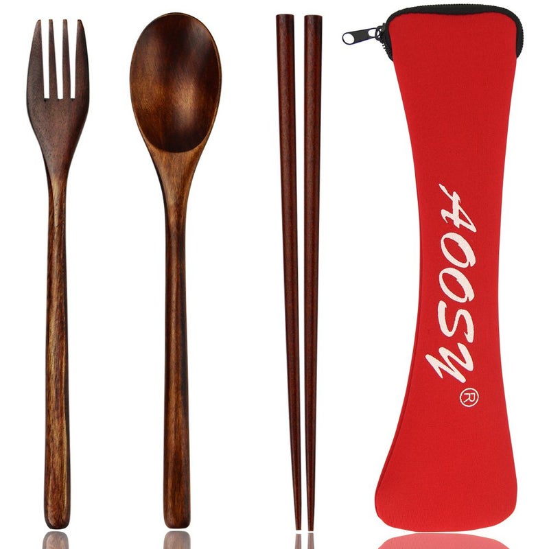 AOOSY Wooden Spoon and Fork Set, AOOSY 3 Pcs Nanmu Wood Fork Spoon Chopsticks Camping Travel Flatware Set Tableware with Bag, Brown Color - Image 1